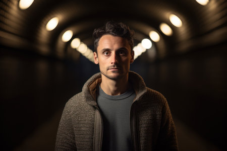 Portrait of a young man in an underground tunnel. Looking at the camera.の素材