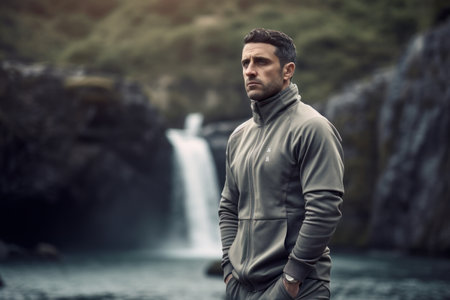 Portrait of a handsome man in sportswear standing in front of a waterfallの素材