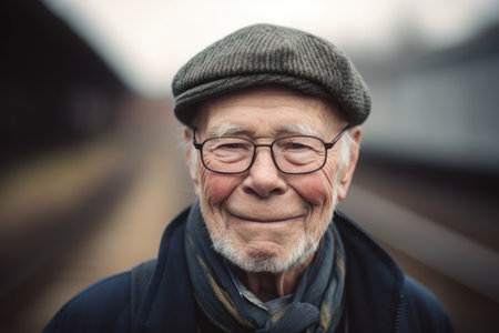 Portrait of an elderly man with glasses and a cap at the railway stationの素材
