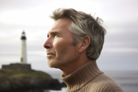 Portrait of a senior man in front of a lighthouse, looking awayの素材