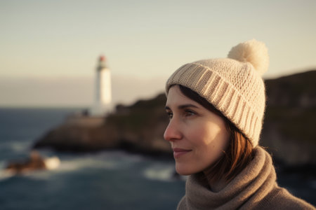 Portrait of a beautiful young woman in a hat and scarf, standing on the cliff and looking at the lighthouse.の素材