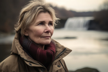 Portrait of a senior woman standing by a waterfall in winter.の素材