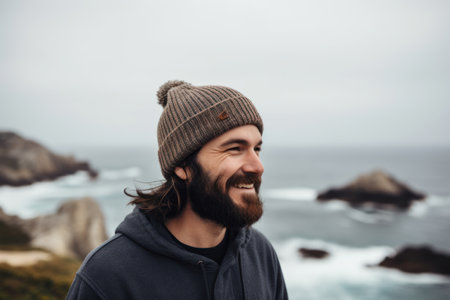 Handsome bearded man in warm hat and sweatshirt standing on the seashore.の素材