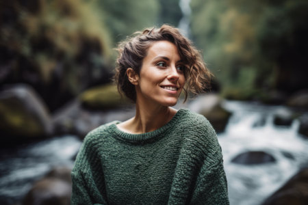 Portrait of a beautiful girl in a green sweater on the background of a waterfallの素材