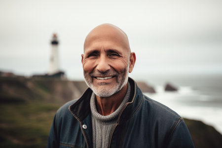 Portrait of a smiling senior man standing by the lighthouse at the coastの素材