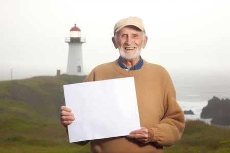 Senior man holding blank paper in front of a lighthouse on a foggy dayの素材