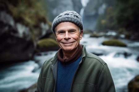 Portrait of a smiling senior man standing in front of a waterfallの素材
