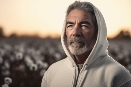 Portrait of a senior man in a cotton field at sunset.の素材
