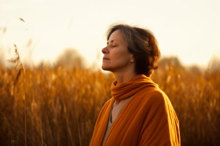 Beautiful young woman in orange scarf standing in wheat field at sunsetの素材