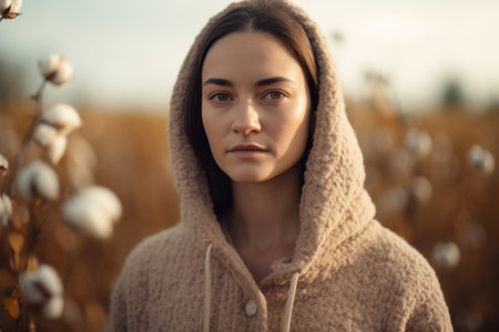 Portrait of a beautiful girl in a knitted sweater on a wheat fieldの素材