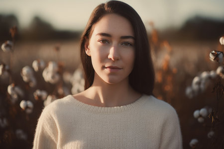Portrait of a beautiful young woman in a field of cotton.の素材