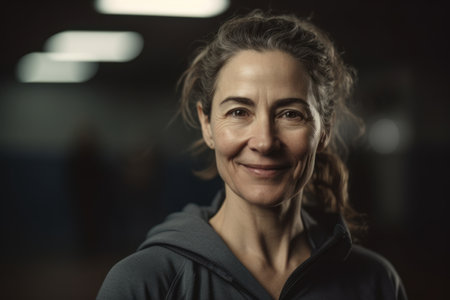 Portrait of smiling middle aged woman looking at camera in fitness studioの素材
