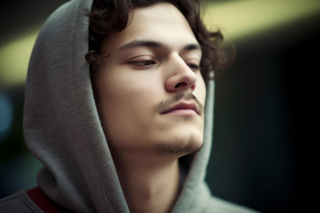 Portrait of a young man in a hooded sweatshirt.の素材