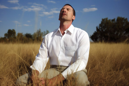 Man meditating in a field of tall grass in a white shirtの素材