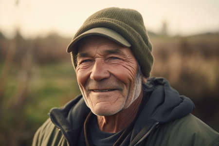 Portrait of senior man wearing hat and jacket in the countryside.の素材