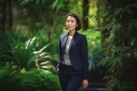 Portrait of Asian businesswoman walking in the park at daytime.の素材