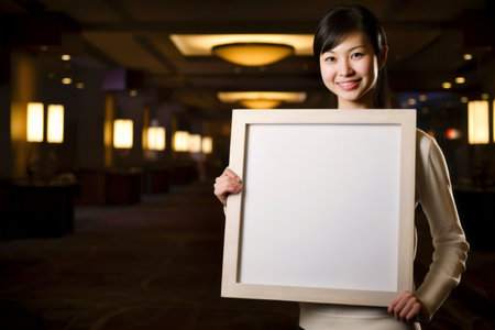 Young woman holding a blank whiteboard in the lobby of a hotelの素材