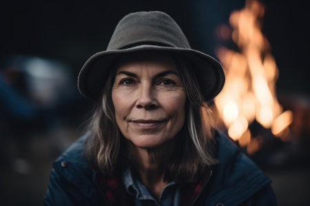 Portrait of a beautiful woman in a hat and jacket on the background of a bonfireの素材