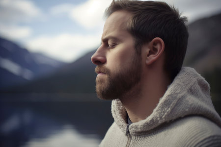 Young bearded man in a warm sweater on the background of a mountain lakeの素材