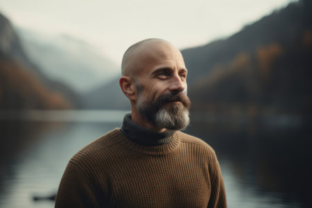 Portrait of a bearded man in a sweater against the background of a mountain lake.の素材