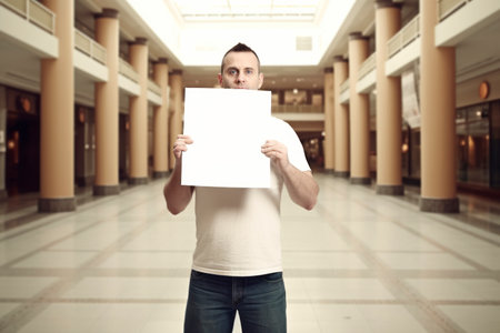 Young man holding blank sheet of paper in the shopping mall. Selective focus.の素材