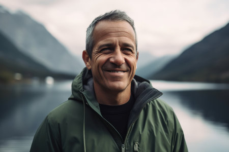 Portrait of a smiling middle-aged man in a green jacket against the background of a mountain lake.の素材