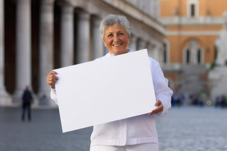 Portrait of happy senior woman with blank card in Rome, Italyの素材