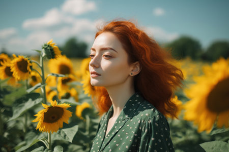 Portrait of a beautiful young girl with red hair in a field of sunflowersの素材