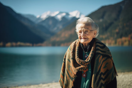 Portrait of a senior woman on the shore of a mountain lake