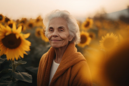 Portrait of happy senior woman standing in sunflower field at sunsetの素材