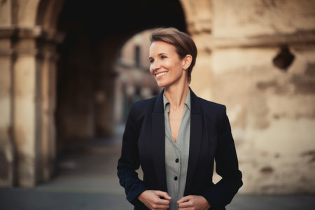Portrait of a smiling businesswoman standing outdoors with hands in pocketsの素材