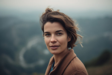 portrait of a beautiful young woman on the top of the mountainの素材