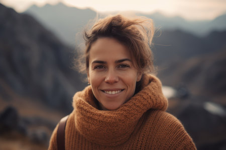 Portrait of a smiling woman in a warm sweater and scarf on the background of mountains.の素材