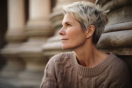 Portrait of a beautiful middle-aged woman in a beige sweater looking awayの素材
