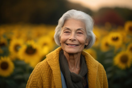 Portrait of a smiling senior woman in the field of sunflowersの素材