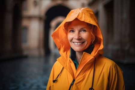 Portrait of smiling mature woman in yellow raincoat standing in the city streetの素材