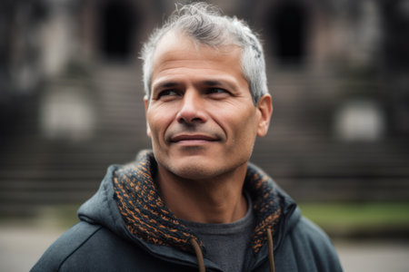 Portrait of a handsome middle-aged man with gray hair outdoors.の素材