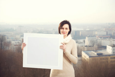 Smiling woman holding a white blank board on the background of the cityの素材