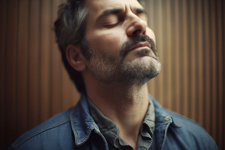 Portrait of a handsome man with beard and mustache in jeans shirtの素材