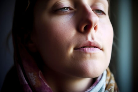 Close-up portrait of a young woman with her eyes closed.の素材