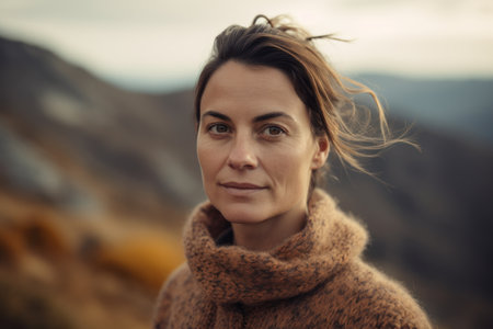 Portrait of a beautiful woman on the background of the mountains.の素材