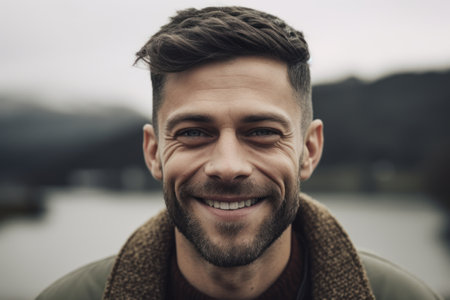 Portrait of a handsome young man smiling outdoors. Men's beauty, fashion.の素材
