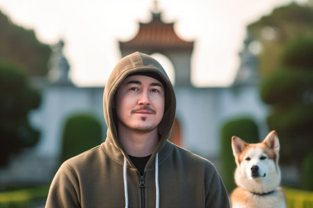 Portrait of a young man with a dog in the park.の素材
