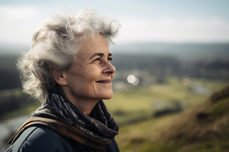 Portrait of a happy senior woman on a hillside looking awayの素材
