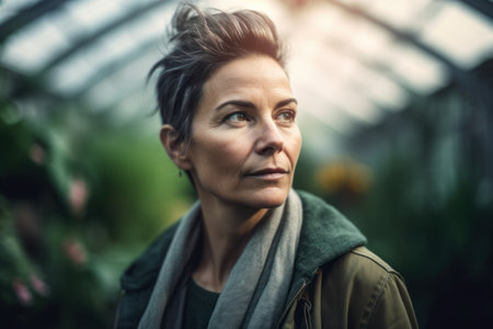 Portrait of a middle-aged woman in a greenhouse looking awayの素材