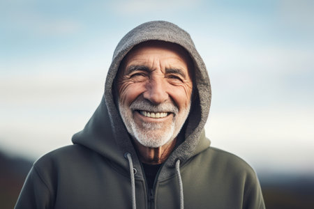 Portrait of a senior man in hooded sweatshirt smiling outdoorsの素材