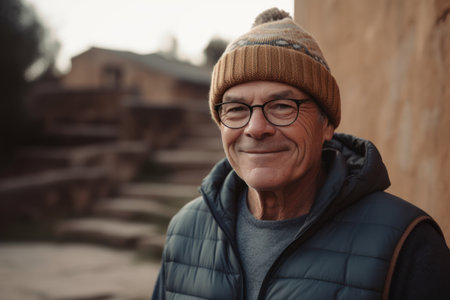 Portrait of a smiling senior man wearing a warm hat and glassesの素材