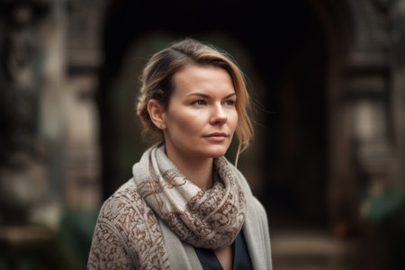 Outdoor portrait of a beautiful young woman wearing a scarf and coatの素材