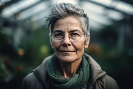 Portrait of an elderly woman with glasses in a greenhouse. Select focus.の素材