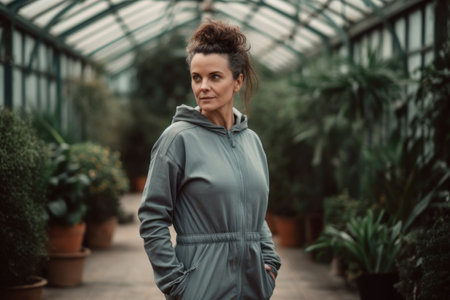 Portrait of a beautiful young woman in sportswear standing in a greenhouseの素材